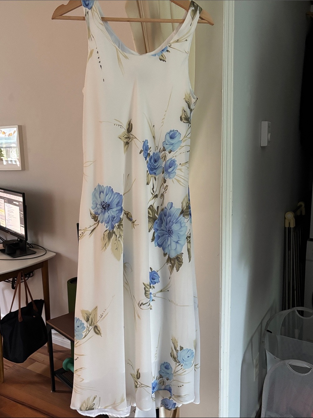 Jessica White Maxi Slip Dress with Blue Floral Print